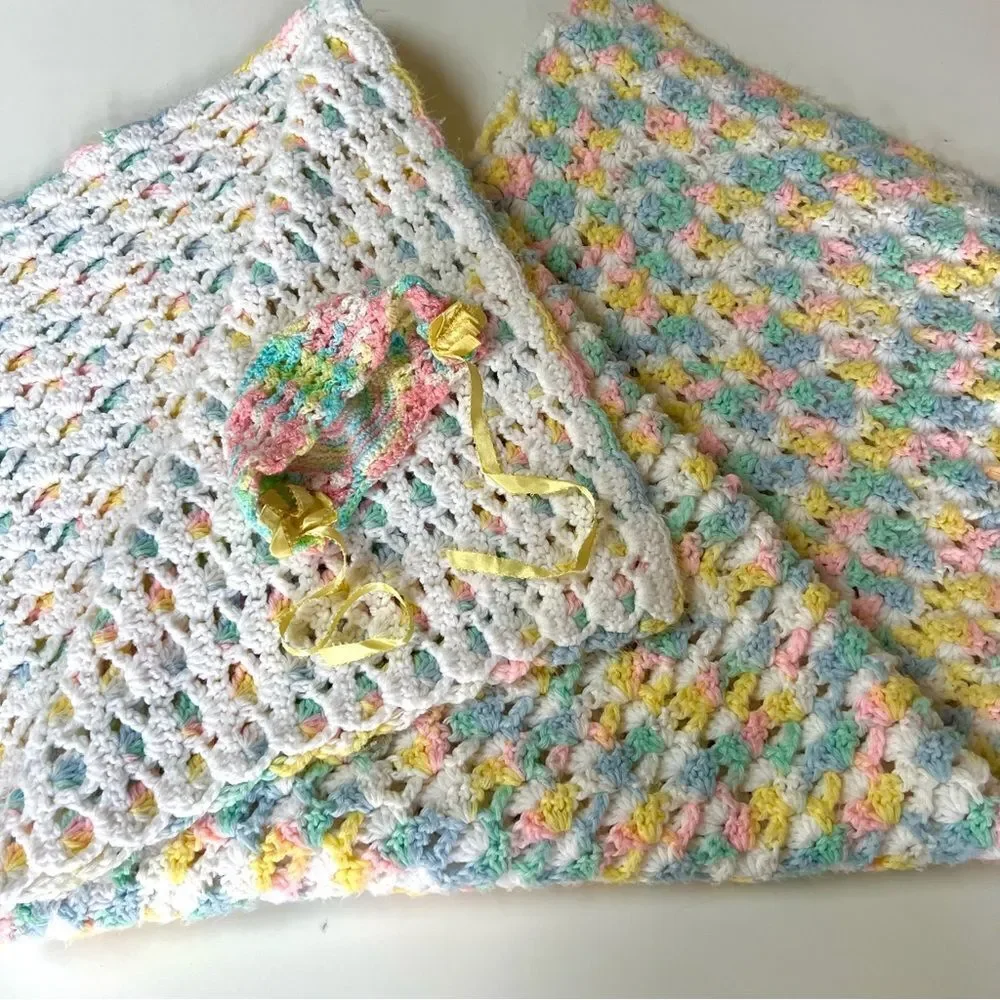Vintage Handmade 1960s 1970s Rainbow Pastel Crochet Knit Baby Blanket & Bonnet